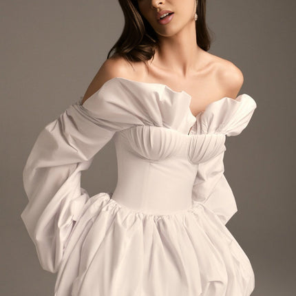 Amy Blouse in White off-shoulder 100% Cotton shell-shaped chest cup long puff sleeves ruched detailing rear lace-up fastening cropped silhouette sophistication style versatile elegance grace