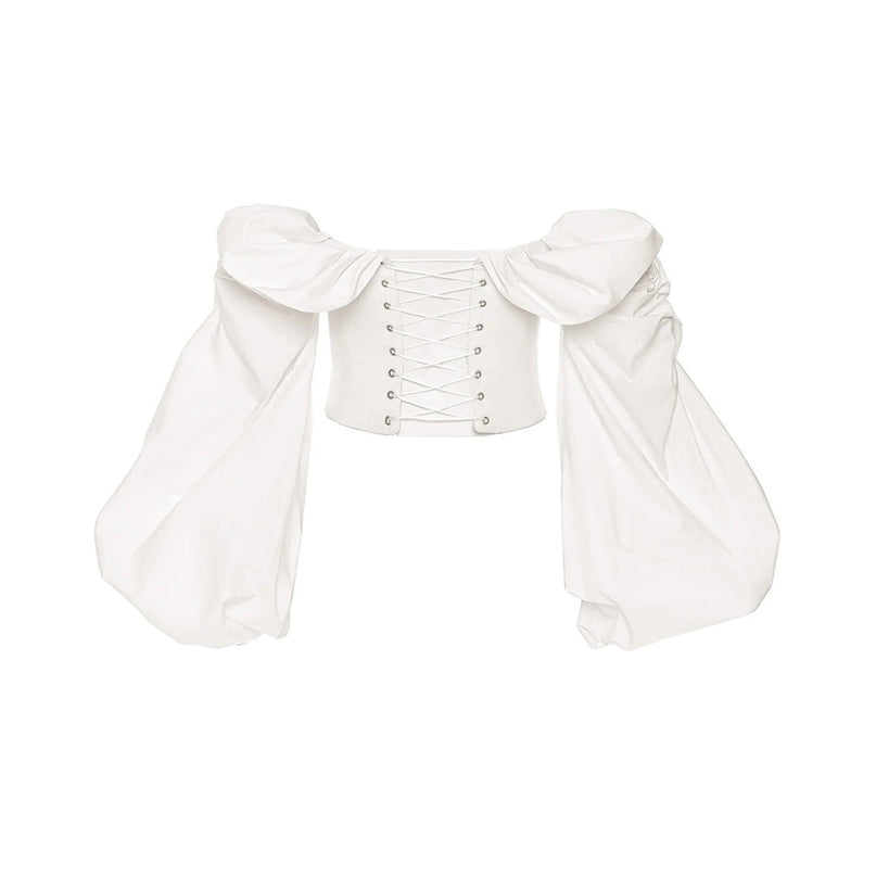 Amy Blouse in White off-shoulder 100% Cotton puff sleeves ruched detailing lace-up cropped silhouette