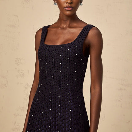 Amy Blue Crochet Knit Rhinestone Embellished Mini Dress