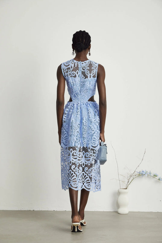 Amy Blue Floral Embroidered Midi Dress