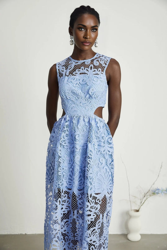Amy Blue Floral Embroidered Midi Dress