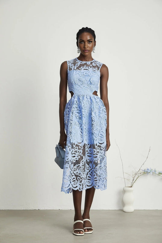 Amy Blue Floral Embroidered Midi Dress