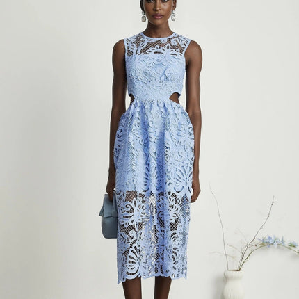 Amy Blue Floral Midi Dress with Embroidery and Cut-Out Detailing