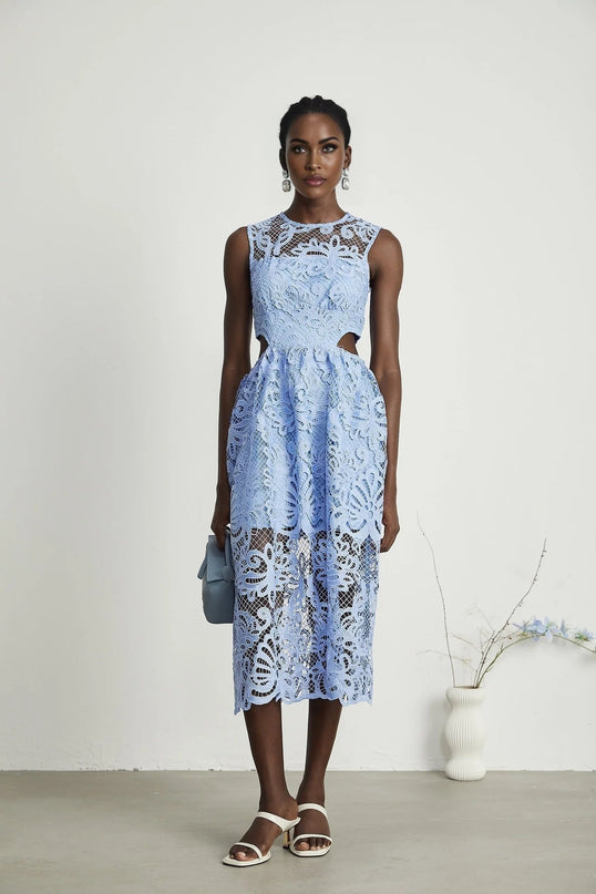 Amy Blue Floral Midi Dress with Embroidery and Cut-Out Detailing