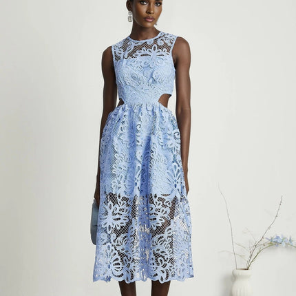 Amy Blue Floral Midi Dress with Embroidery Round Neck and Cut-Out Detailing Cinched Waist Semi-Sheer Construction Rear Zip Fastening Chic Midi Length 92% Terylene 8% Viscose