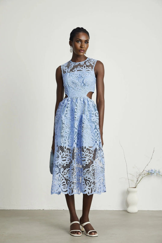 Amy Blue Floral Midi Dress with Embroidery Round Neck and Cut-Out Detailing Cinched Waist Semi-Sheer Construction Rear Zip Fastening Chic Midi Length 92% Terylene 8% Viscose