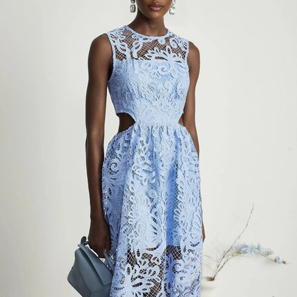 Amy Blue Floral Midi Dress with Embroidery and Cut-Out Detailing