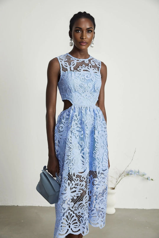 Amy Blue Floral Midi Dress with Embroidery and Cut-Out Detailing