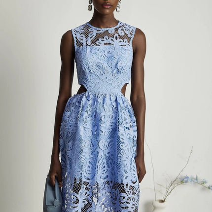 Amy Blue Floral Midi Dress with Embroidery and Cut-Out Detailing