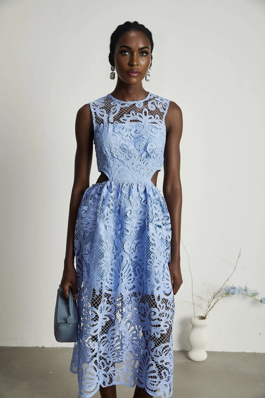 Amy Blue Floral Midi Dress with Embroidery and Cut-Out Detailing
