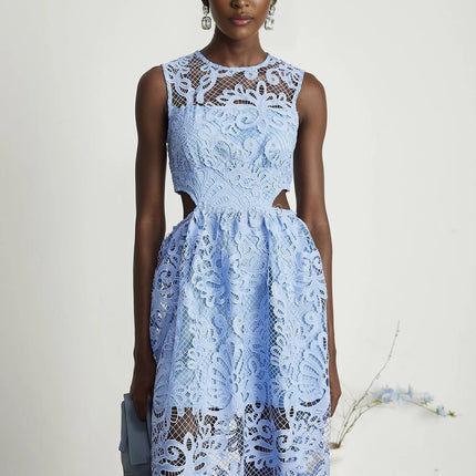 Amy Blue Floral Midi Dress Embroidered Elegant Chic Semi-Sheer Luxury Terylene Viscose