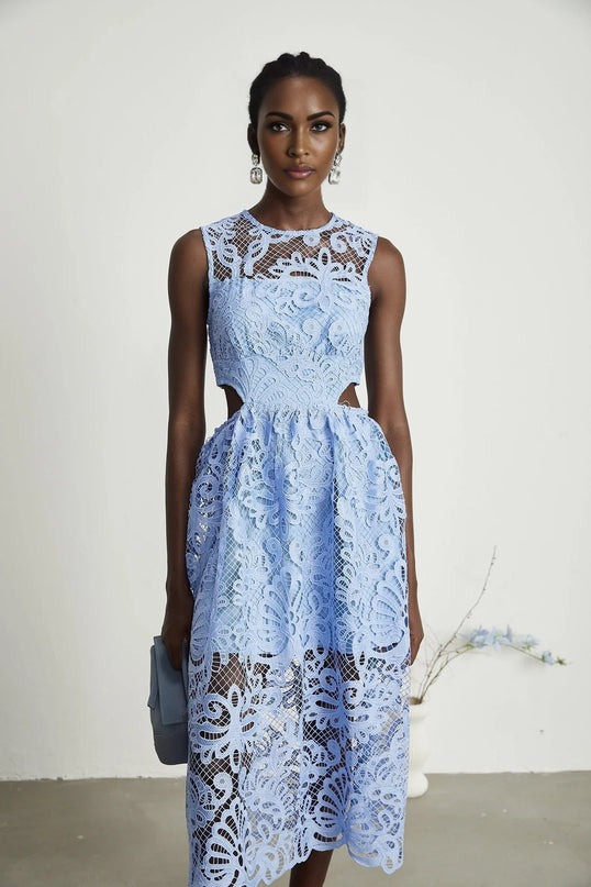 Amy Blue Floral Midi Dress Embroidered Elegant Chic Semi-Sheer Luxury Terylene Viscose