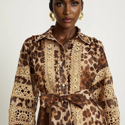 Amy Brown Lapel Leopard Print Lace Mini Dress