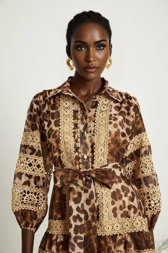 Amy Brown Lapel Leopard Print Lace Mini Dress