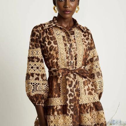 Amy Brown Lapel Leopard Print Lace Mini Dress