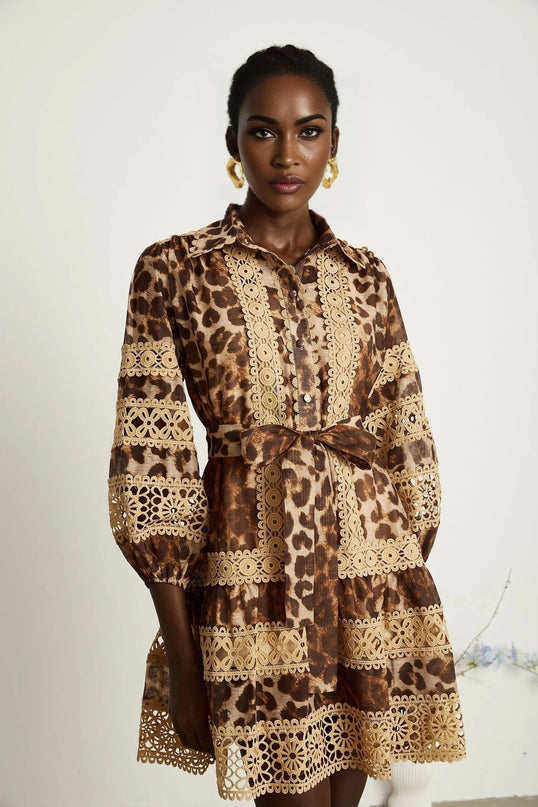 Amy Brown Lapel Leopard Print Lace Mini Dress