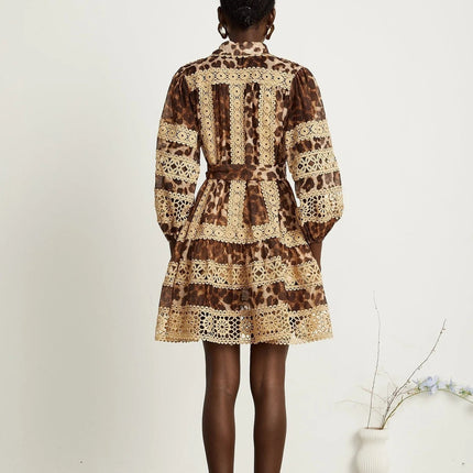 Amy Brown Lapel Leopard Print Mini Dress with Lace Panels and Cut-Out Elements