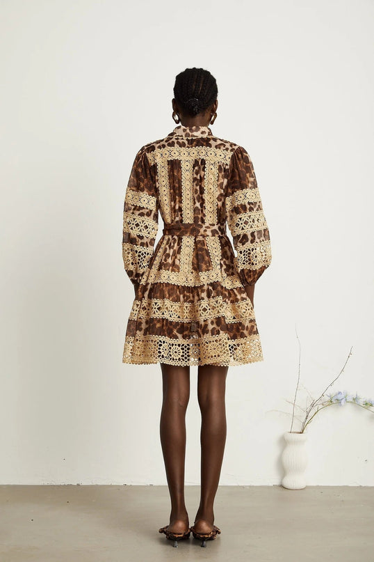 Amy Brown Lapel Leopard Print Mini Dress with Lace Panels and Cut-Out Elements