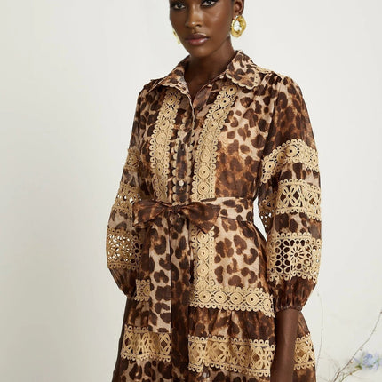 Amy Brown Lapels Leopard Print Mini Dress with Lace Panels and Cut-Out Elements