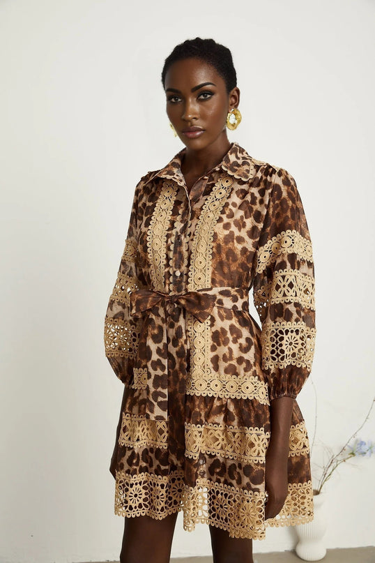 Amy Brown Lapels Leopard Print Mini Dress with Lace Panels and Cut-Out Elements