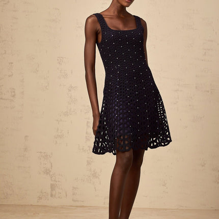 Amy Crochet-Knit Rhinestone Embellished Mini Dress in Dark Blue