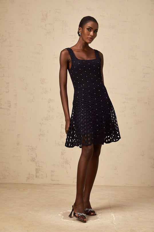 Amy Crochet-Knit Rhinestone Embellished Mini Dress in Dark Blue