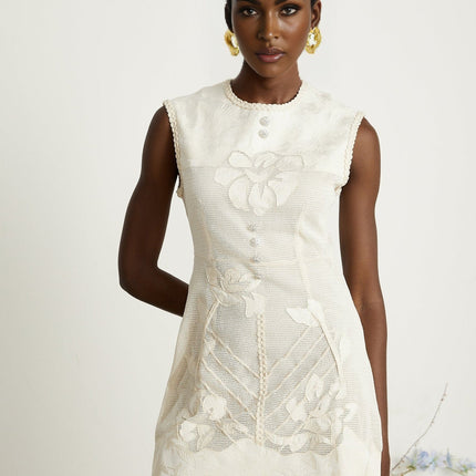 Amy Jacquard Mini Dress in Neutrals with Bead Embellishments