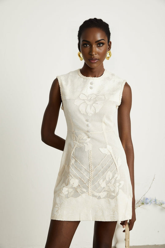 Amy Jacquard Mini Dress in Neutrals with Bead Embellishments