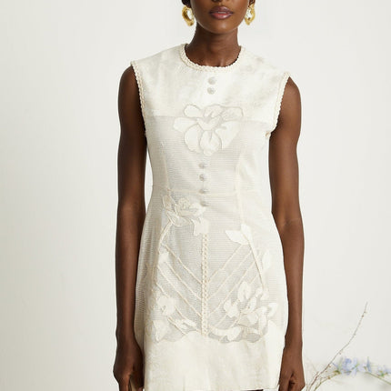 Amy Jacquard Mini Dress in Neutrals with Bead Embellishments
