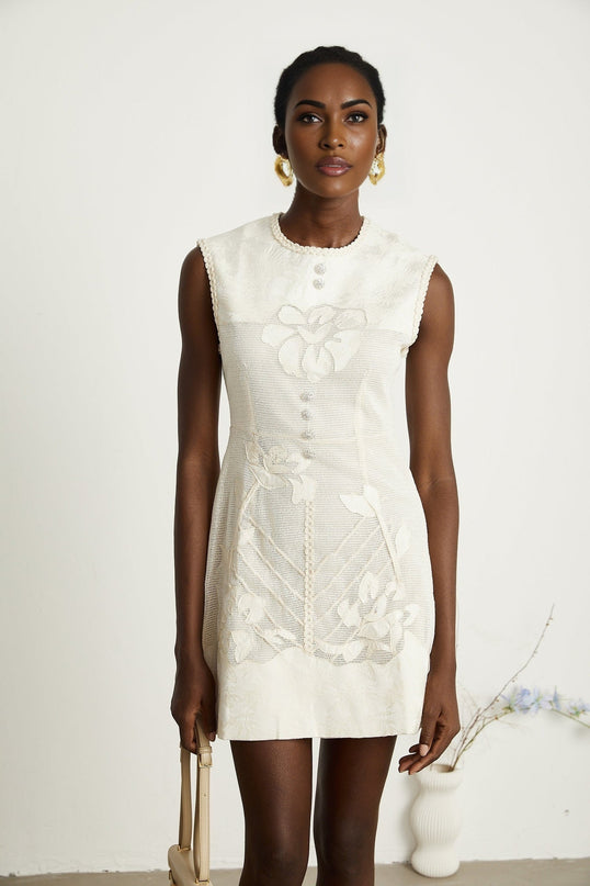 Amy Jacquard Mini Dress in Neutrals with Bead Embellishments