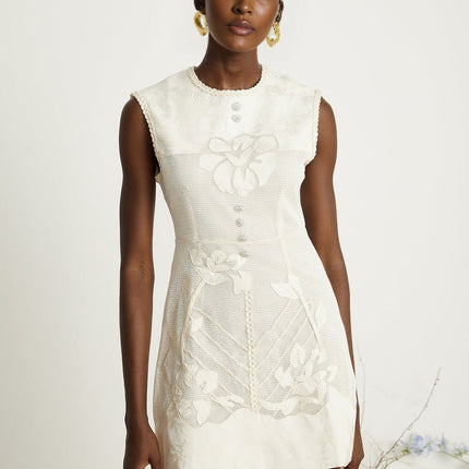 Amy Jacquard Mini Dress in Neutrals with Bead Embellishments