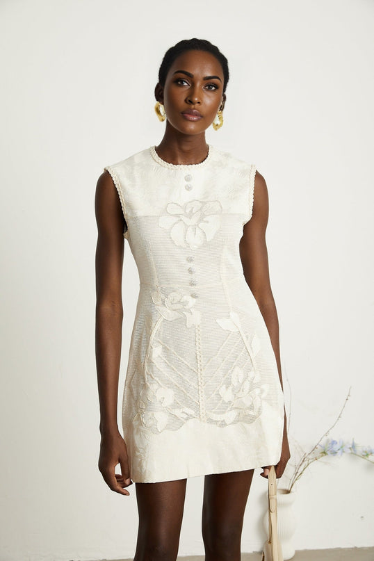 Amy Jacquard Mini Dress in Neutrals with Bead Embellishments