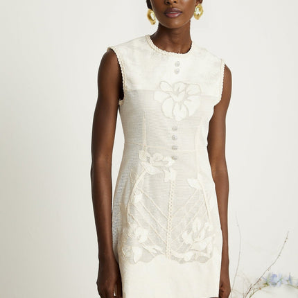 Amy Jacquard Mini Dress in Neutrals with Bead Embellishments