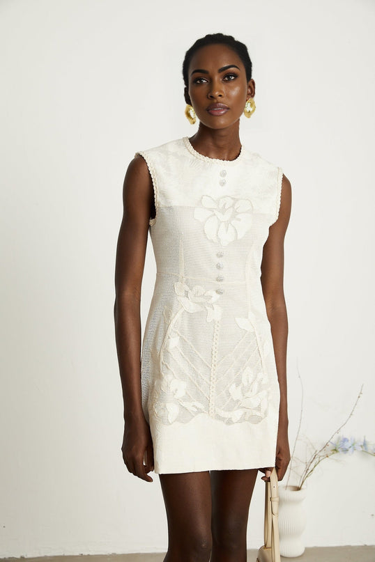 Amy Jacquard Mini Dress in Neutrals with Bead Embellishments
