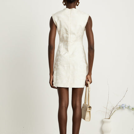 Amy Jacquard Mini Dress in Neutrals with Bead Embellishments and Braided Edge