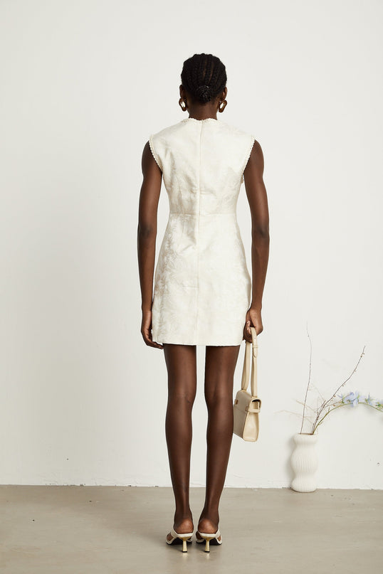 Amy Jacquard Mini Dress in Neutrals with Bead Embellishments and Braided Edge