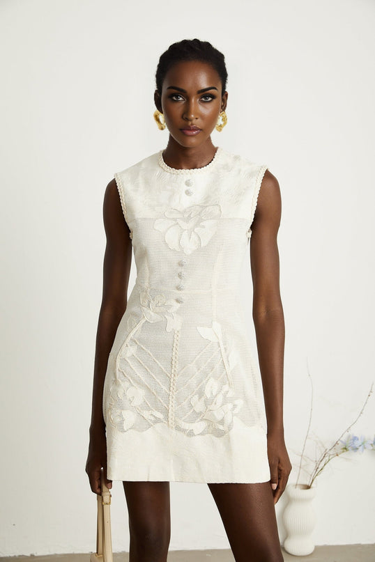 Amy Jacquard Mini Dress in Neutrals