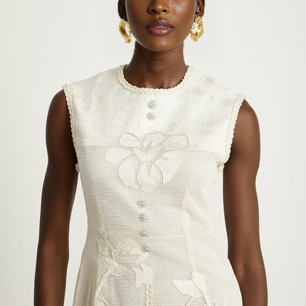 Amy Jacquard Mini Dress in Neutrals with Bead Embellishments