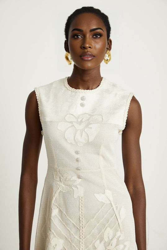 Amy Jacquard Mini Dress in Neutrals with Bead Embellishments