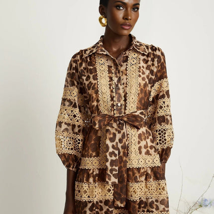 Amy Mini Dress Brown Leopard Lace Tiered Cut-Out Lapels Cuffs Button Thigh-Length Terylene Cotton