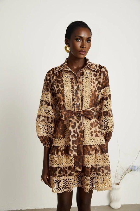 Amy Mini Dress Brown Leopard Lace Tiered Cut-Out Lapels Cuffs Button Thigh-Length Terylene Cotton