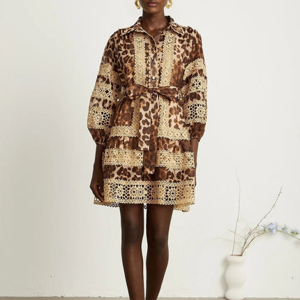 Amy Mini Dress Brown Lapels Leopard Print Lace Panels Cut-Out Tiered Silhouette Elasticated Cuffs Front Button Fastening Thigh-Length
