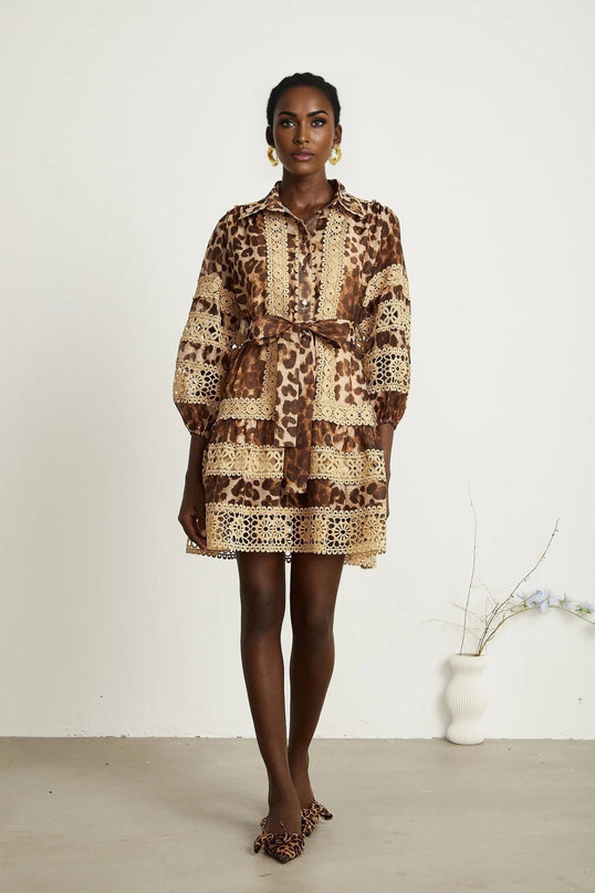 Amy Mini Dress Brown Lapels Leopard Print Lace Panels Cut-Out Tiered Silhouette Elasticated Cuffs Front Button Fastening Thigh-Length
