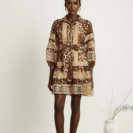 Amy Mini Dress Brown Leopard Print Lace Panel Cut Out Tiered Silhouette Lapels Elasticated Cuffs Button Fastening Thigh Length Terylene Cotton Blend
