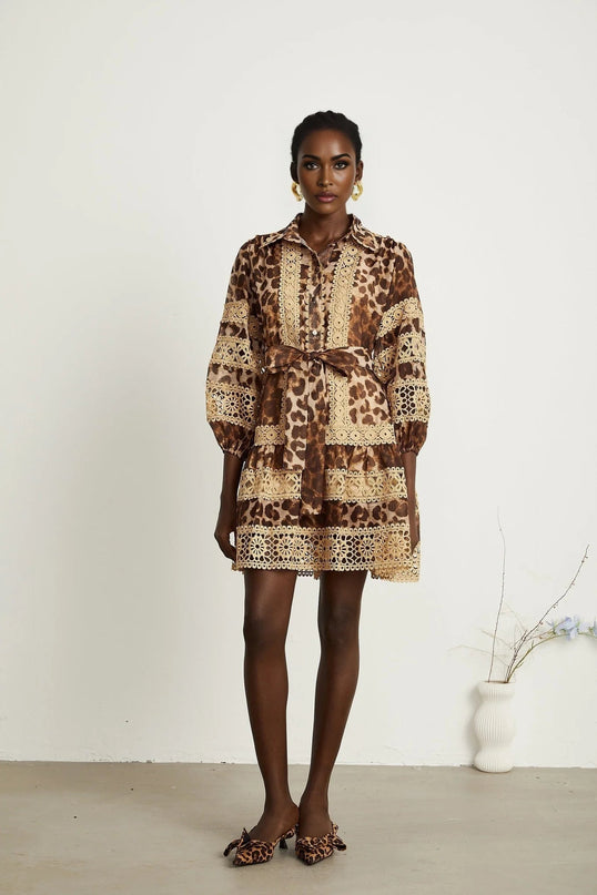 Amy Mini Dress Brown Leopard Print Lace Panel Cut Out Tiered Silhouette Lapels Elasticated Cuffs Button Fastening Thigh Length Terylene Cotton Blend