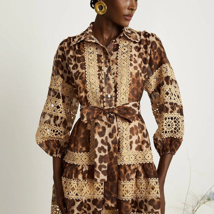 Amy Mini Dress Brown Leopard Print Lace Panels Cut-Out Tiered Silhouette Lapels Elasticated Cuffs Button Fastening Thigh-Length 60% Terylene 40% Cotton