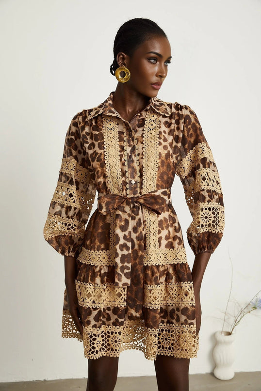 Amy Mini Dress Brown Leopard Print Lace Panels Cut-Out Tiered Silhouette Lapels Elasticated Cuffs Button Fastening Thigh-Length 60% Terylene 40% Cotton