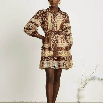 Amy Mini Dress Brown Leopard Print Lace Panels Cut-Out Tiered Silhouette Lapels Elasticated Cuffs Button Fastening Thigh-Length 60% Terylene 40% Cotton