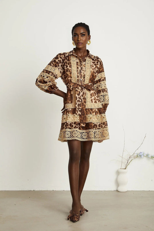 Amy Mini Dress Brown Leopard Print Lace Panels Cut-Out Tiered Silhouette Lapels Elasticated Cuffs Button Fastening Thigh-Length 60% Terylene 40% Cotton