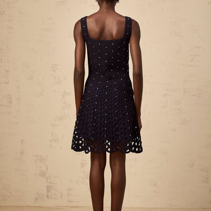 Amy Mini Dress in Dark Blue Crochet Knit with Rhinestone Embellishments